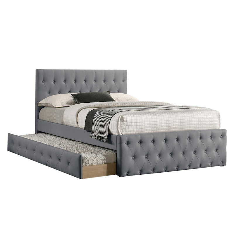 Lit double entièrement tapissé en tissu avec lit gigogne