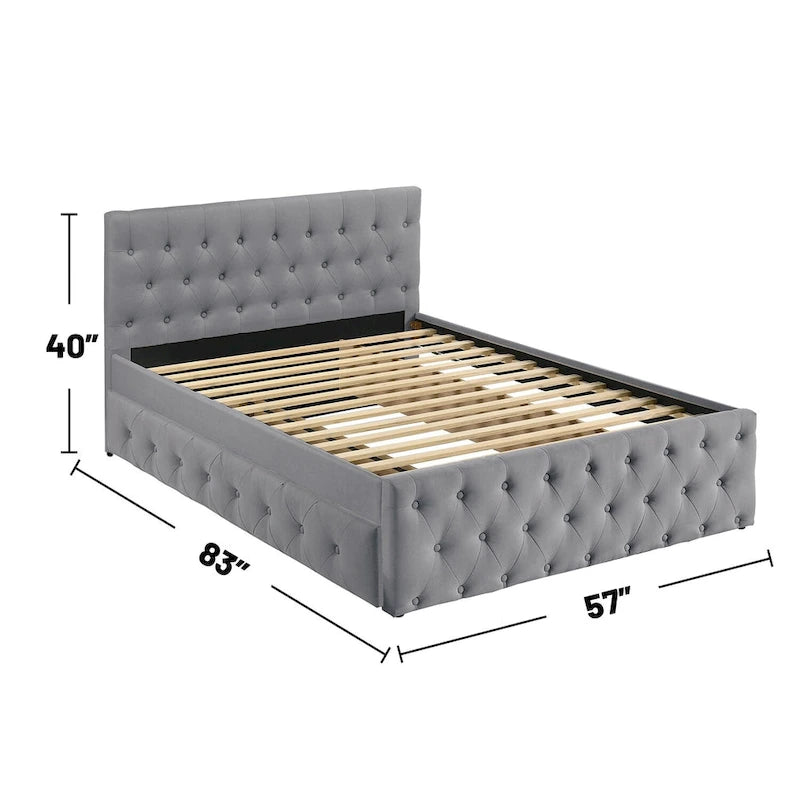 Lit double entièrement tapissé en tissu avec lit gigogne