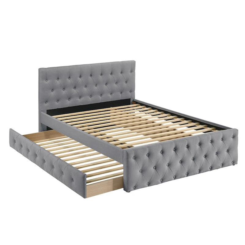 Lit double entièrement tapissé en tissu avec lit gigogne