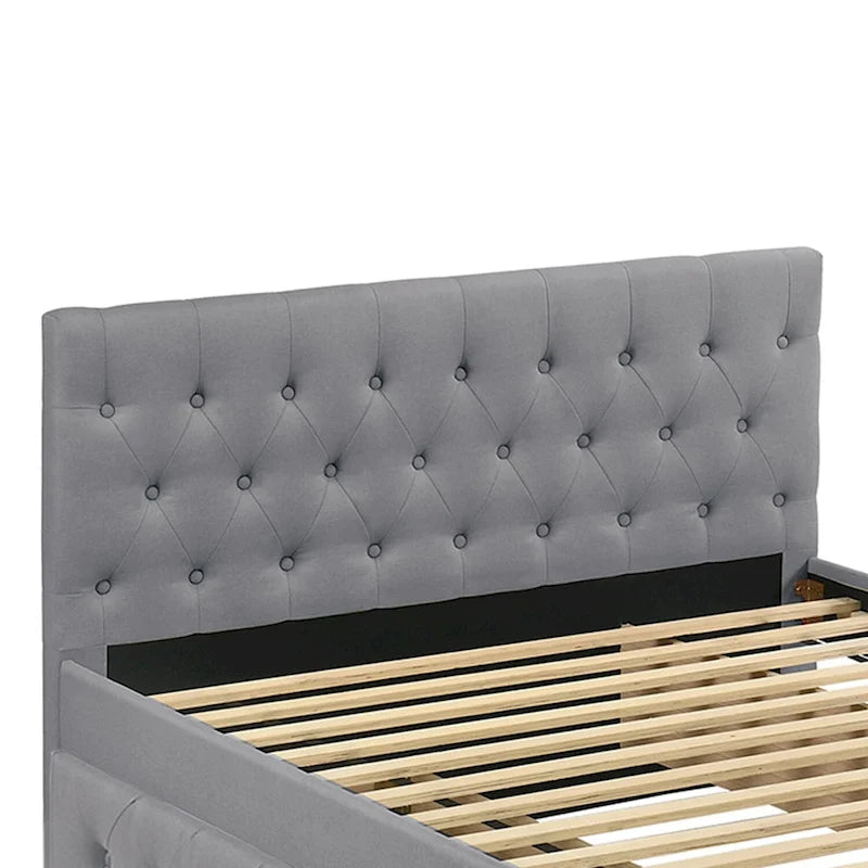Lit double entièrement tapissé en tissu avec lit gigogne