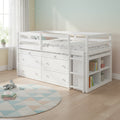 Twin/Full Size Low Loft Bed with Retractable Writing Desk and 4 Drawers, Wooden Loft Bedframe w/ Lateral Portable Desk & Shelves