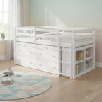 Twin/Full Size Low Loft Bed with Retractable Writing Desk and 4 Drawers, Wooden Loft Bedframe w/ Lateral Portable Desk & Shelves