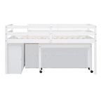 Lit mezzanine bas pour lits jumeaux/doubles avec bureau rétractable et 4 tiroirs, cadre de lit mezzanine en bois avec bureau latéral portable et étagères