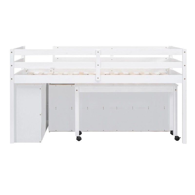 Lit mezzanine bas pour lits jumeaux/doubles avec bureau rétractable et 4 tiroirs, cadre de lit mezzanine en bois avec bureau latéral portable et étagères