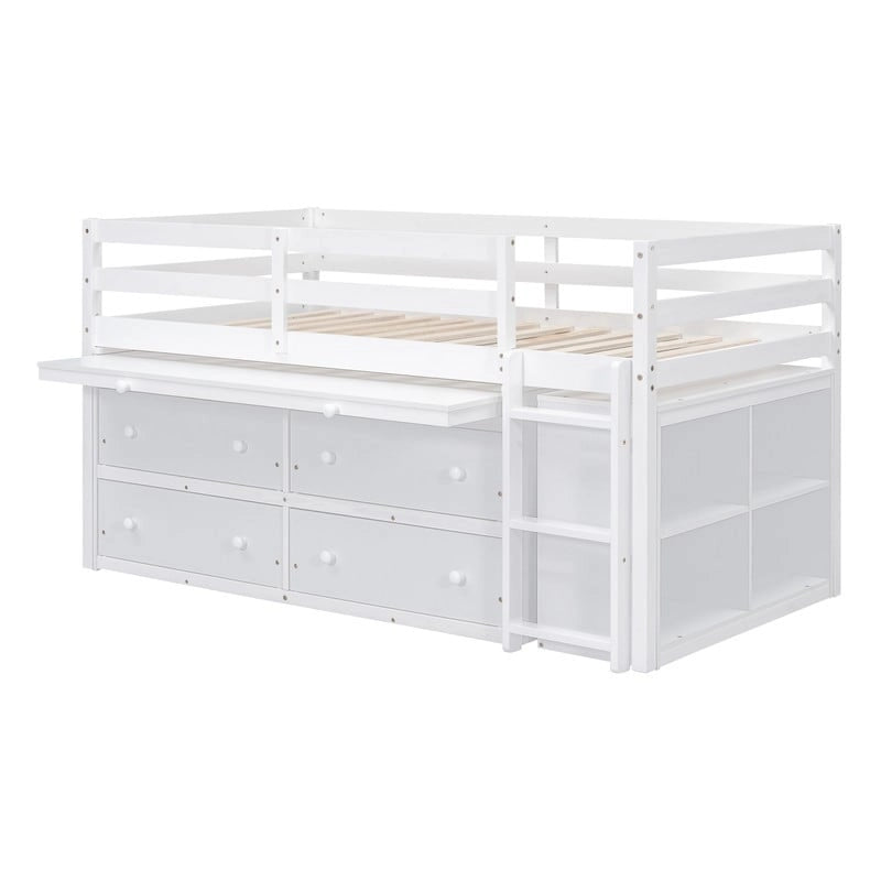 Lit mezzanine bas pour lits jumeaux/doubles avec bureau rétractable et 4 tiroirs, cadre de lit mezzanine en bois avec bureau latéral portable et étagères