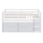 Lit mezzanine bas pour lits jumeaux/doubles avec bureau rétractable et 4 tiroirs, cadre de lit mezzanine en bois avec bureau latéral portable et étagères