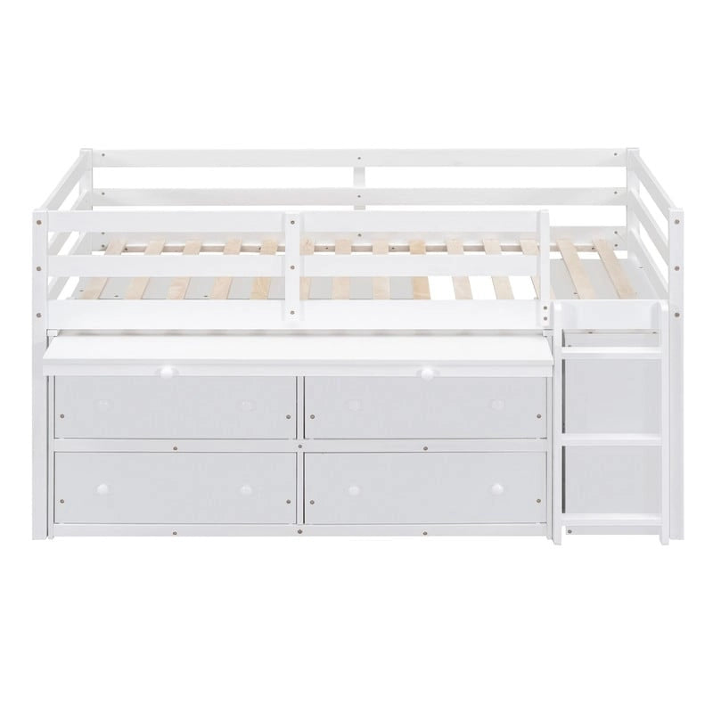Lit mezzanine bas pour lits jumeaux/doubles avec bureau rétractable et 4 tiroirs, cadre de lit mezzanine en bois avec bureau latéral portable et étagères