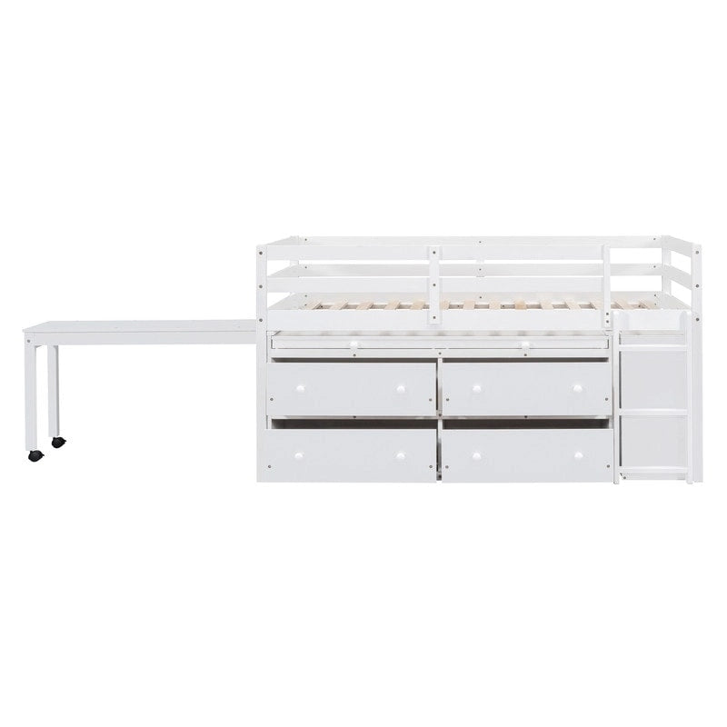 Lit mezzanine bas pour lits jumeaux/doubles avec bureau rétractable et 4 tiroirs, cadre de lit mezzanine en bois avec bureau latéral portable et étagères