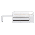 Lit mezzanine bas pour lits jumeaux/doubles avec bureau rétractable et 4 tiroirs, cadre de lit mezzanine en bois avec bureau latéral portable et étagères