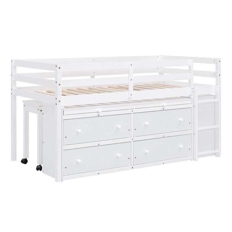 Lit mezzanine bas pour lits jumeaux/doubles avec bureau rétractable et 4 tiroirs, cadre de lit mezzanine en bois avec bureau latéral portable et étagères