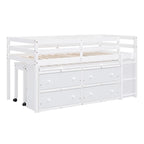 Lit mezzanine bas pour lits jumeaux/doubles avec bureau rétractable et 4 tiroirs, cadre de lit mezzanine en bois avec bureau latéral portable et étagères