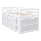 Lit mezzanine bas pour lits jumeaux/doubles avec bureau rétractable et 4 tiroirs, cadre de lit mezzanine en bois avec bureau latéral portable et étagères