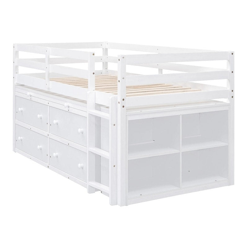 Lit mezzanine bas pour lits jumeaux/doubles avec bureau rétractable et 4 tiroirs, cadre de lit mezzanine en bois avec bureau latéral portable et étagères