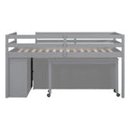 Lit mezzanine bas pour lits jumeaux/doubles avec bureau rétractable et 4 tiroirs, cadre de lit mezzanine en bois avec bureau latéral portable et étagères