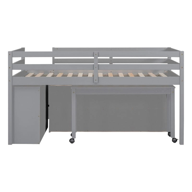 Lit mezzanine bas pour lits jumeaux/doubles avec bureau rétractable et 4 tiroirs, cadre de lit mezzanine en bois avec bureau latéral portable et étagères