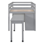 Lit mezzanine bas pour lits jumeaux/doubles avec bureau rétractable et 4 tiroirs, cadre de lit mezzanine en bois avec bureau latéral portable et étagères
