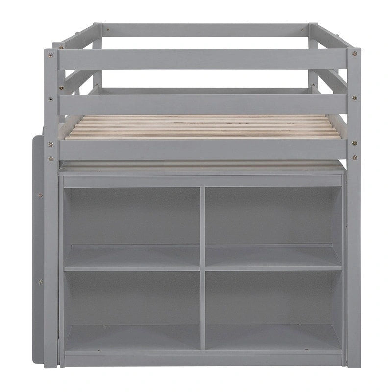 Lit mezzanine bas pour lits jumeaux/doubles avec bureau rétractable et 4 tiroirs, cadre de lit mezzanine en bois avec bureau latéral portable et étagères