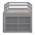 Lit mezzanine bas pour lits jumeaux/doubles avec bureau rétractable et 4 tiroirs, cadre de lit mezzanine en bois avec bureau latéral portable et étagères
