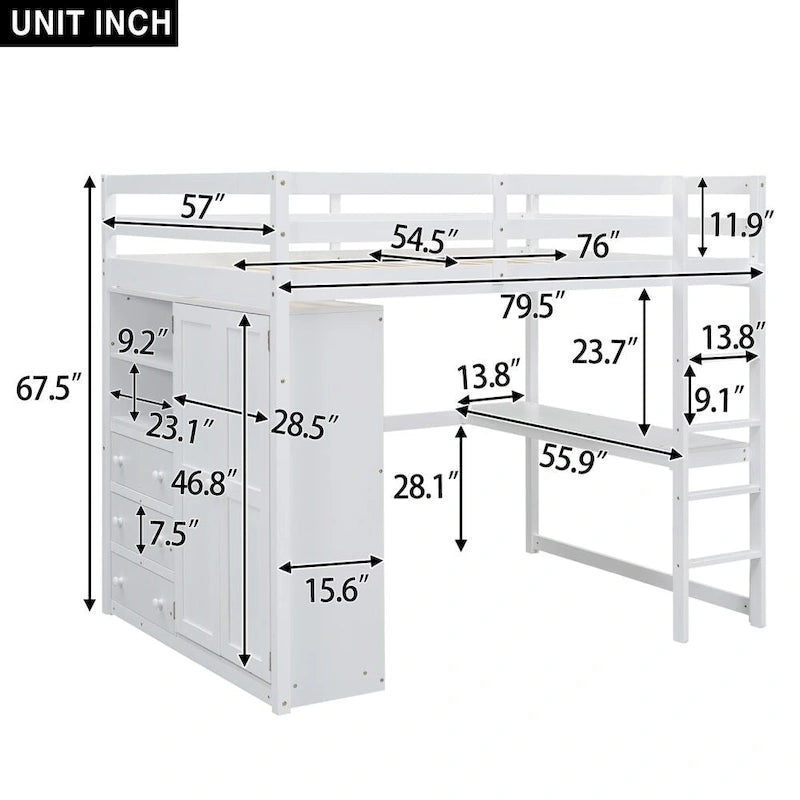 Lit mezzanine en bois double avec armoire, bureau, étagères de rangement et tiroirs intégrés