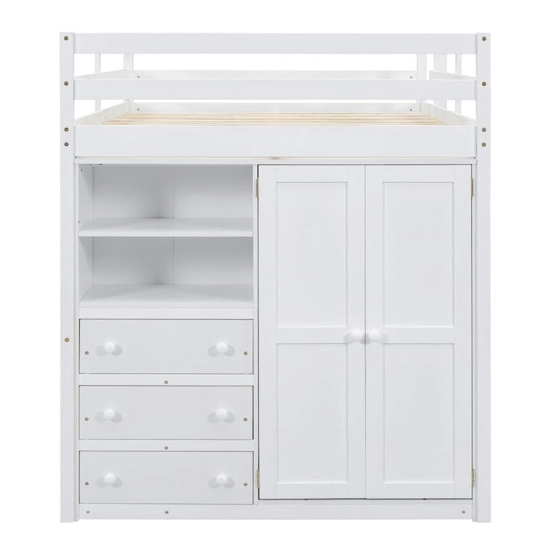 Lit mezzanine en bois double avec armoire, bureau, étagères de rangement et tiroirs intégrés