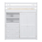 Lit mezzanine en bois double avec armoire, bureau, étagères de rangement et tiroirs intégrés