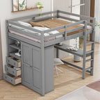 Lit mezzanine en bois double avec armoire, bureau, étagères de rangement et tiroirs intégrés