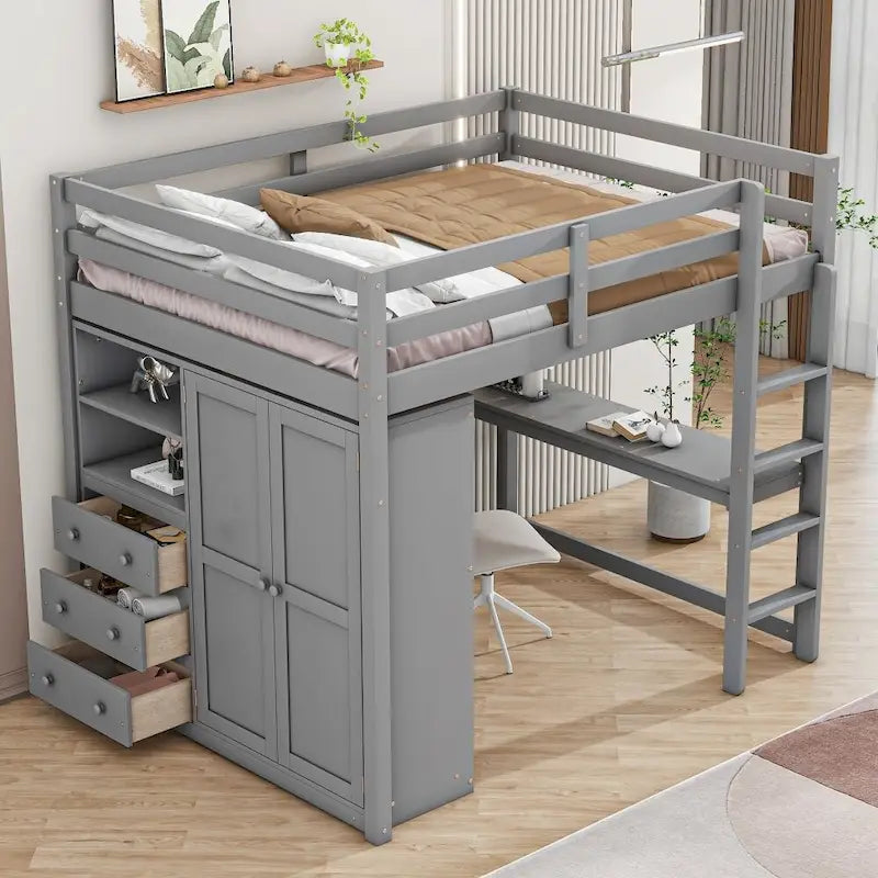Lit mezzanine en bois double avec armoire, bureau, étagères de rangement et tiroirs intégrés