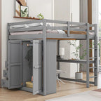 Lit mezzanine en bois double avec armoire, bureau, étagères de rangement et tiroirs intégrés