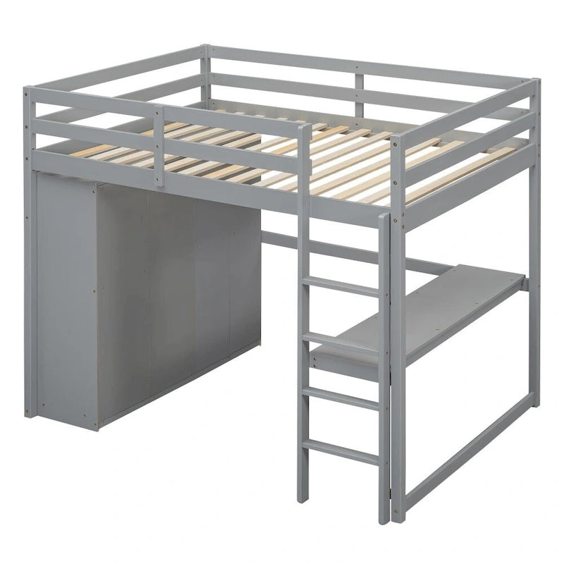 Lit mezzanine en bois double avec armoire, bureau, étagères de rangement et tiroirs intégrés