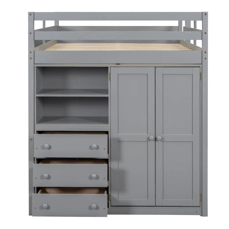 Lit mezzanine en bois double avec armoire, bureau, étagères de rangement et tiroirs intégrés