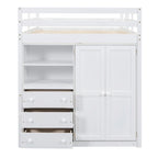 Lit mezzanine en bois double avec armoire, bureau, étagères de rangement et tiroirs intégrés