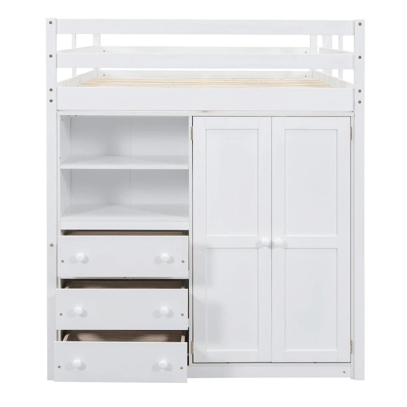 Lit mezzanine en bois double avec armoire, bureau, étagères de rangement et tiroirs intégrés
