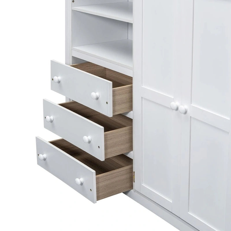 Lit mezzanine en bois double avec armoire, bureau, étagères de rangement et tiroirs intégrés
