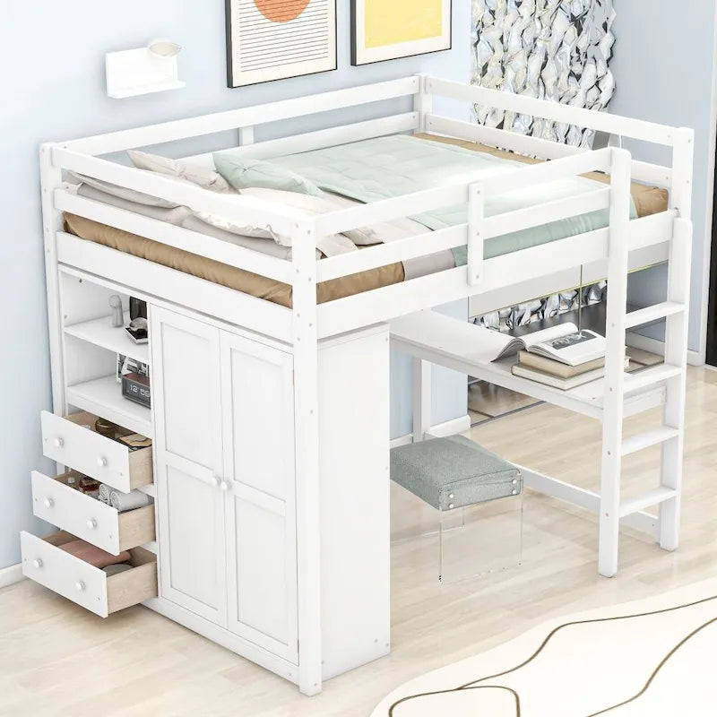 Lit mezzanine en bois double avec armoire, bureau, étagères de rangement et tiroirs intégrés