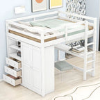 Lit mezzanine en bois double avec armoire, bureau, étagères de rangement et tiroirs intégrés