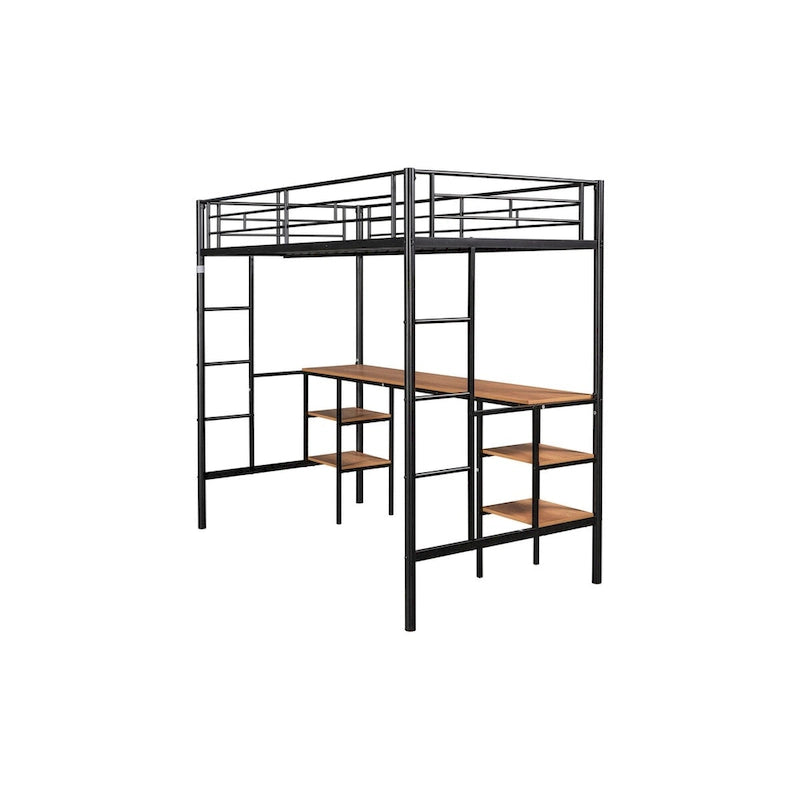 Lit mezzanine en acier noir avec table, gain de place