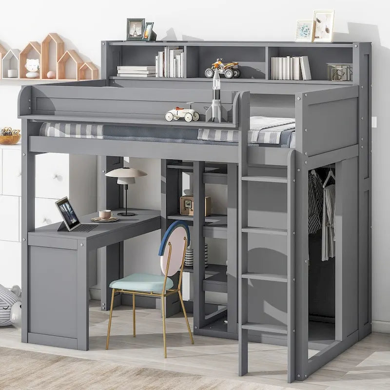 Lit mezzanine simple en bois avec étagères de rangement multiples et armoire