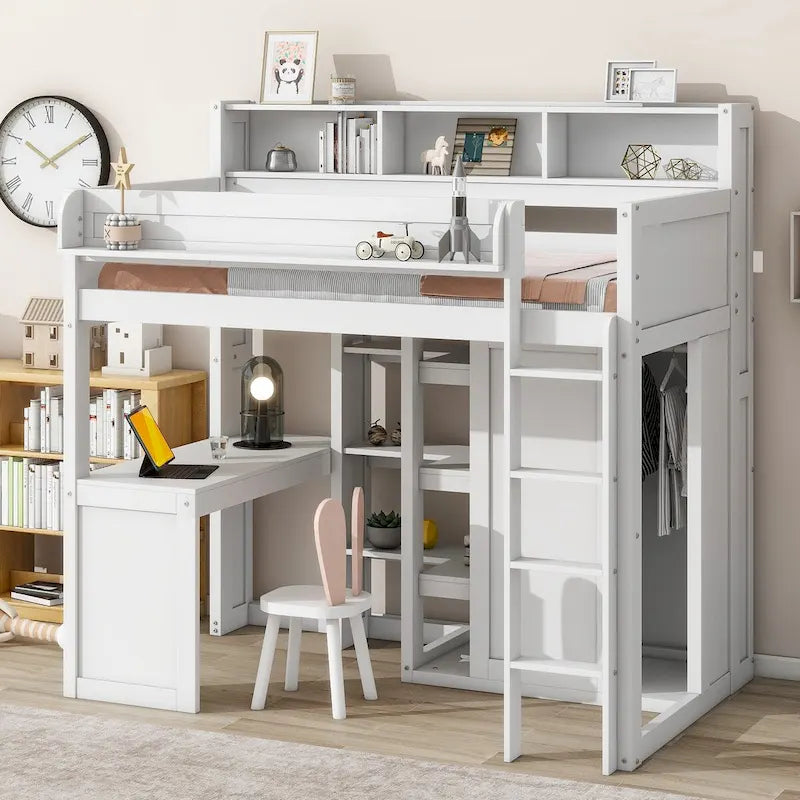 Lit mezzanine simple en bois avec étagères de rangement multiples et armoire