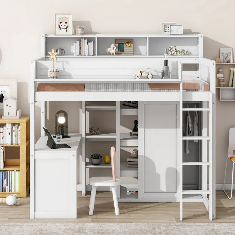 Lit mezzanine simple en bois avec étagères de rangement multiples et armoire