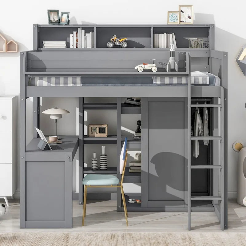 Lit mezzanine simple en bois avec étagères de rangement multiples et armoire