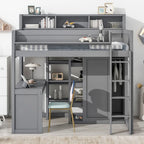 Lit mezzanine simple en bois avec étagères de rangement multiples et armoire