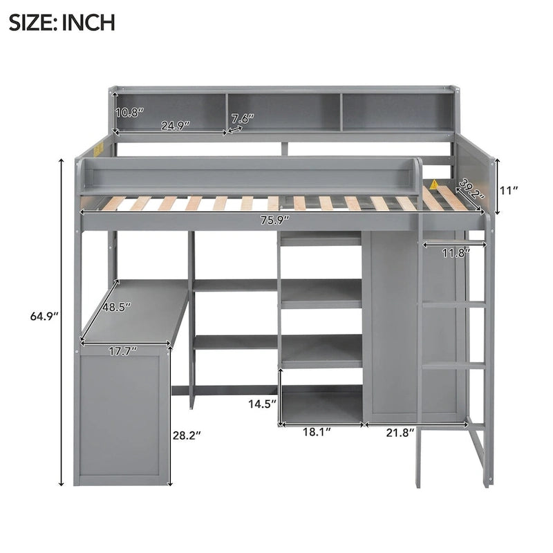Lit mezzanine simple en bois avec étagères de rangement multiples et armoire