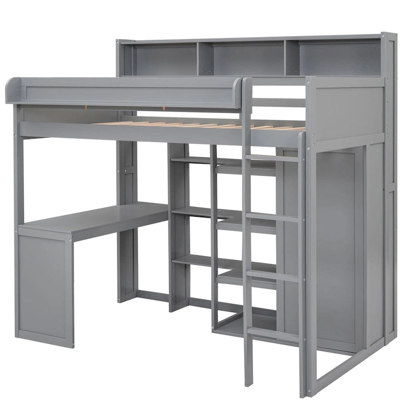 Lit mezzanine simple en bois avec étagères de rangement multiples et armoire