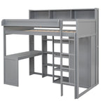 Lit mezzanine simple en bois avec étagères de rangement multiples et armoire
