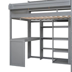 Lit mezzanine simple en bois avec étagères de rangement multiples et armoire