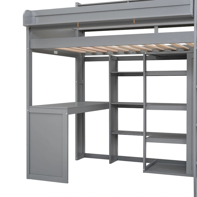 Lit mezzanine simple en bois avec étagères de rangement multiples et armoire