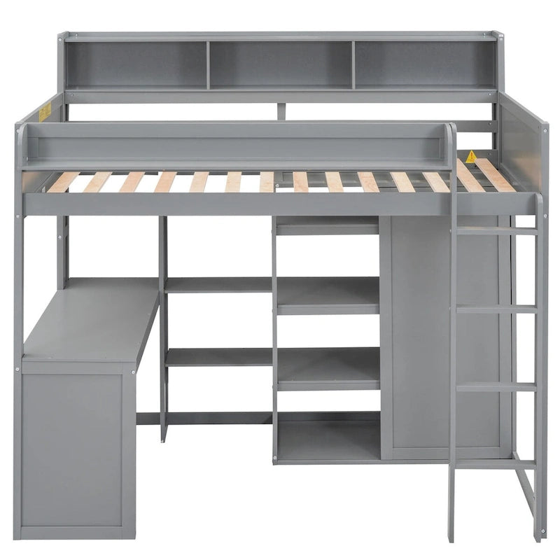 Lit mezzanine simple en bois avec étagères de rangement multiples et armoire