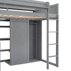 Lit mezzanine simple en bois avec étagères de rangement multiples et armoire