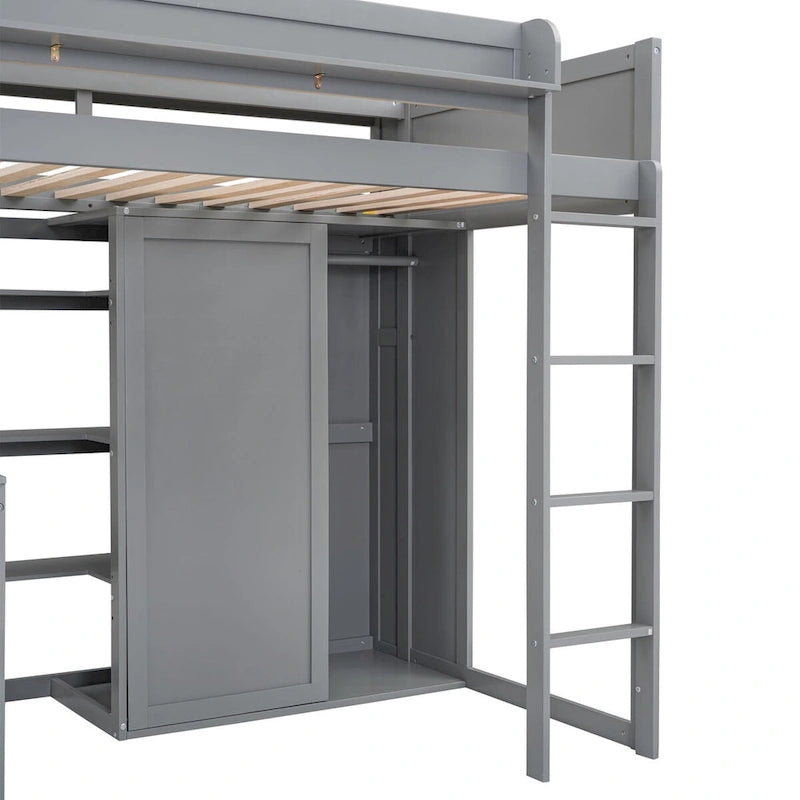 Lit mezzanine simple en bois avec étagères de rangement multiples et armoire