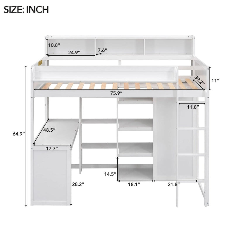Lit mezzanine simple en bois avec étagères de rangement multiples et armoire